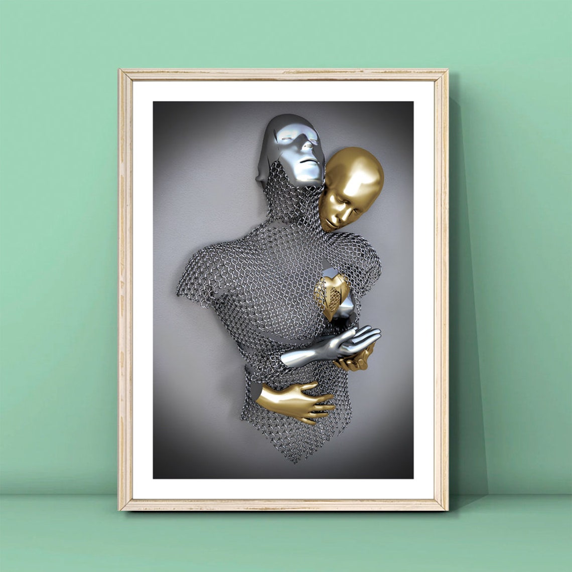 Metallic Embracing Couple Golden Heart Romantic 3D Art Poster - Image 3