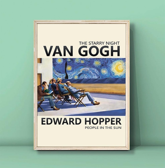 Altered Art Print Edward Hopper People In The Sun Print Van Gogh The Starry Night Poster Van Gogh Painting Altered Poster