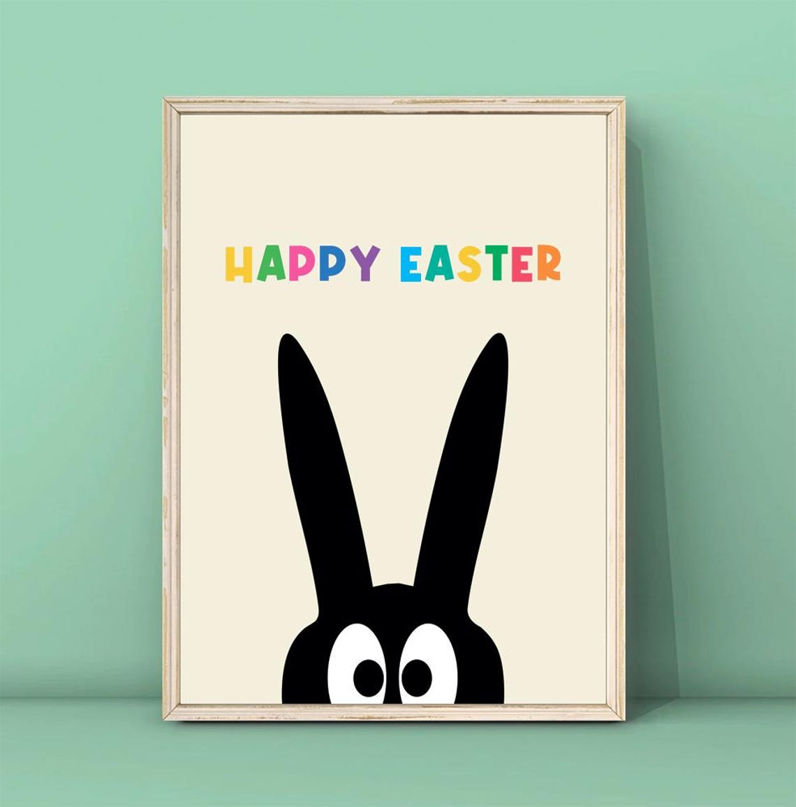 Happy Easter Multicolor Letters Black Bunny Cute Kids Holiday Poster