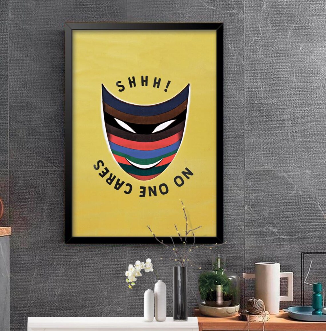 Shhh No One Cares Funny Striped Mask Yellow Humor Art Poster - Image 2
