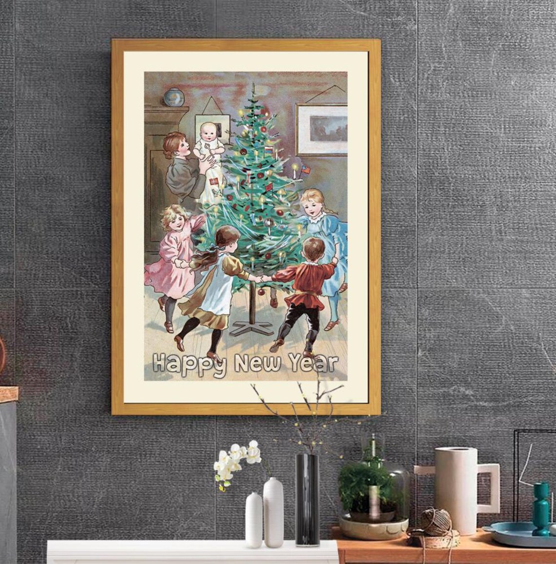 Vintage Happy New Year Children Christmas Tree Dance Art Poster - Image 2