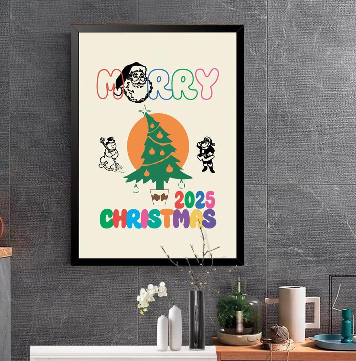 Merry Christmas 2025 Retro Santa Tree Snowman Vintage Holiday Print - Image 2