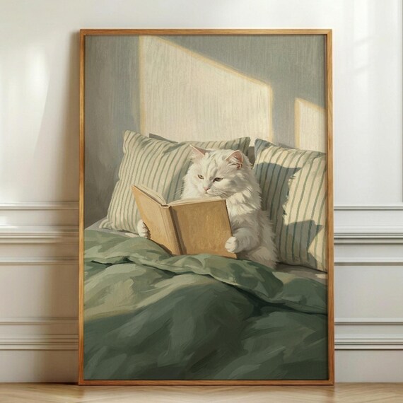 Cozy White Cat Reading Print Oil Painting Style Cottagecore Art