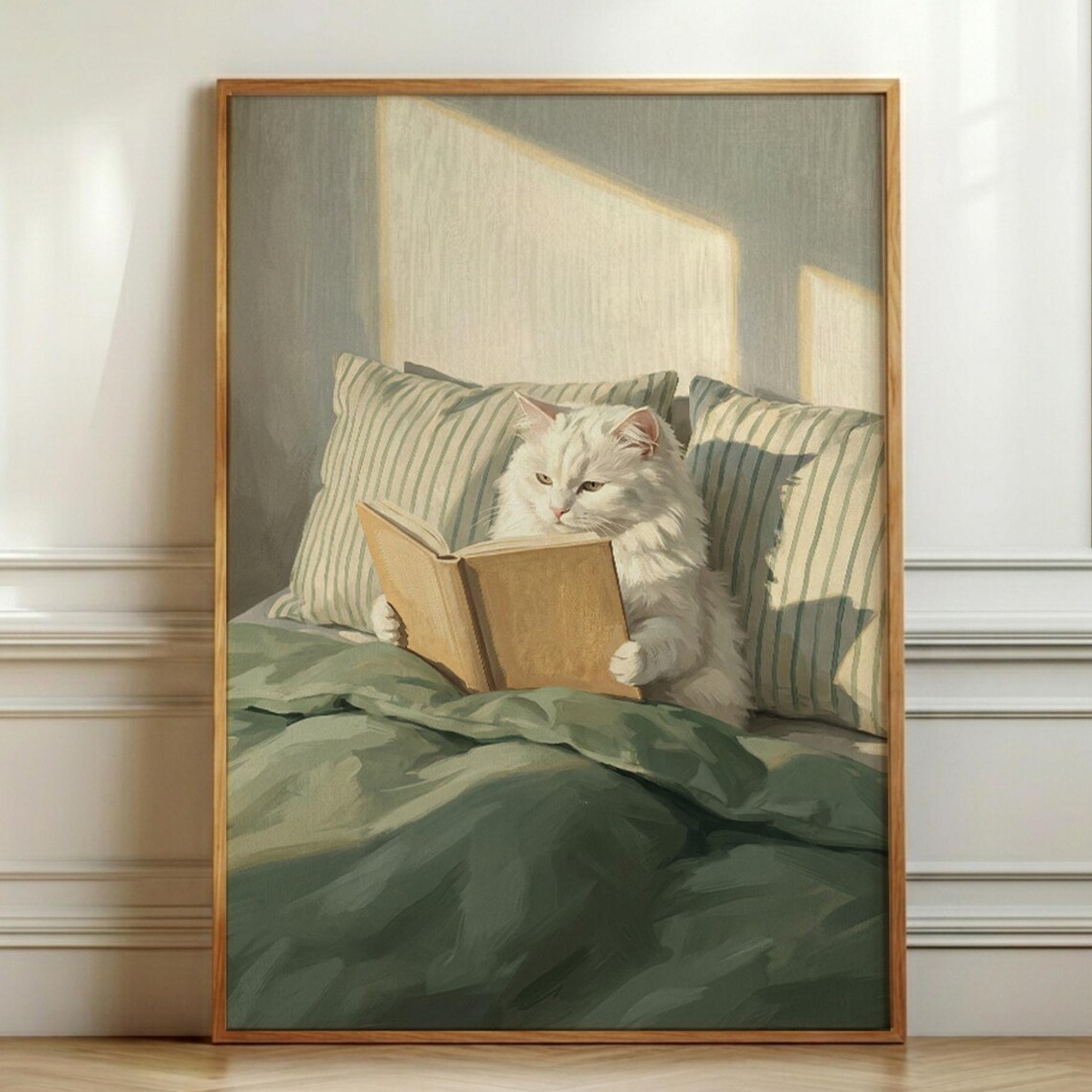 White Cat Reading Book in Bed Cozy Oil Painting Cat Art Poster