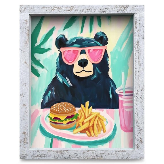 Funny Black Bear with Burger Fries Pink Sunglasses Wall Poster