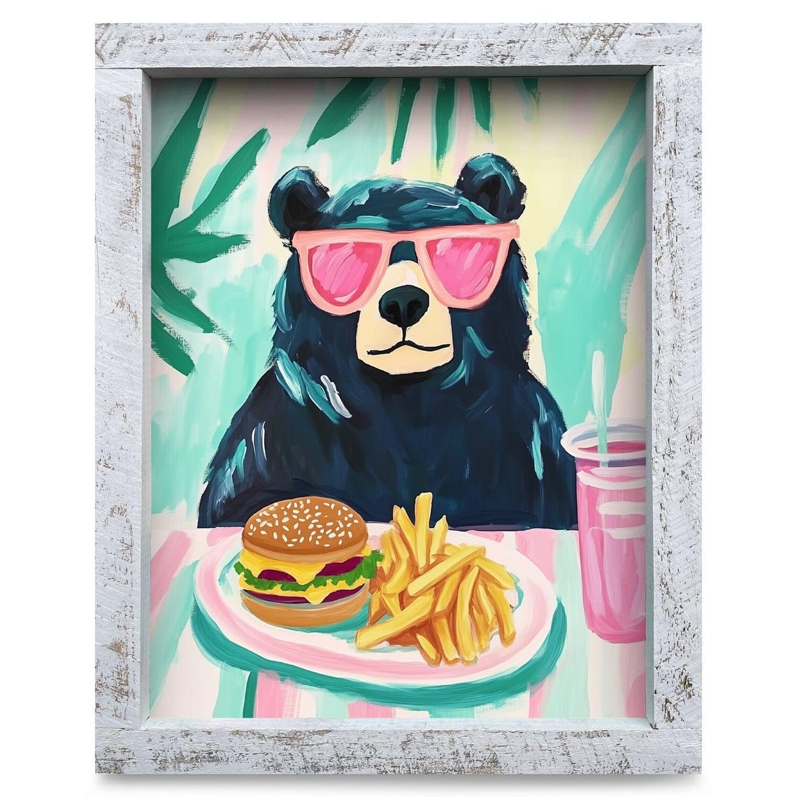 Funny Black Bear with Burger Fries Pink Sunglasses Wall Poster