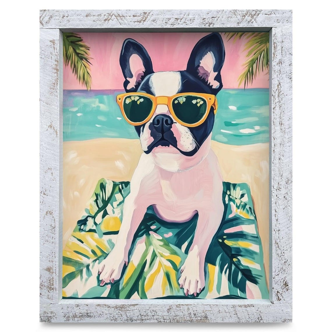 Boston Terrier Dog in Sunglasses on a Tropical Beach Day Poster