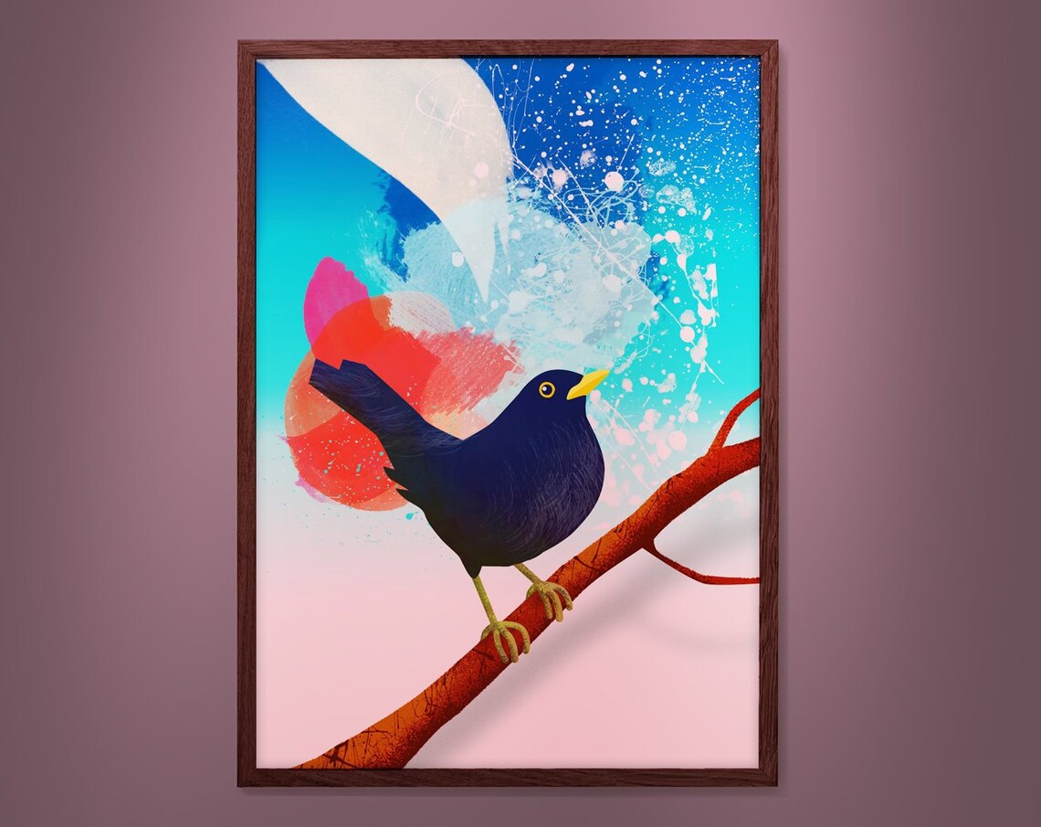 Common Blackbird Illustration Art Print, Birds