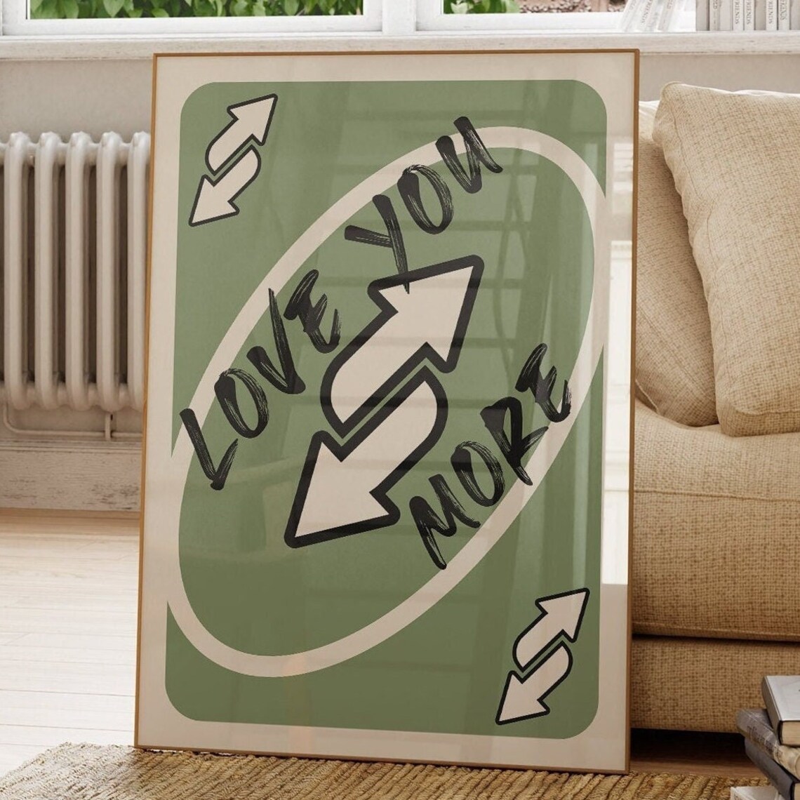 Love You More Sage Green Retro Reverse Playing Card Quote Wall Art