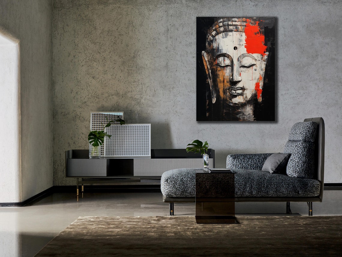 Buddha Face Black White Red Accent Zen Spiritual Painting Poster - Image 2