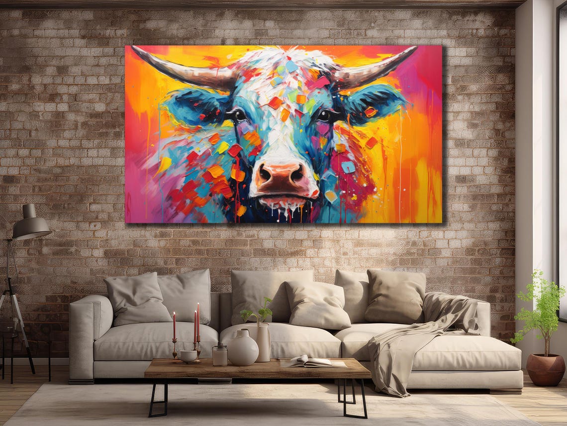 Colorful Abstract Highland Cow Face Splatter Paint Farm Animal Poster