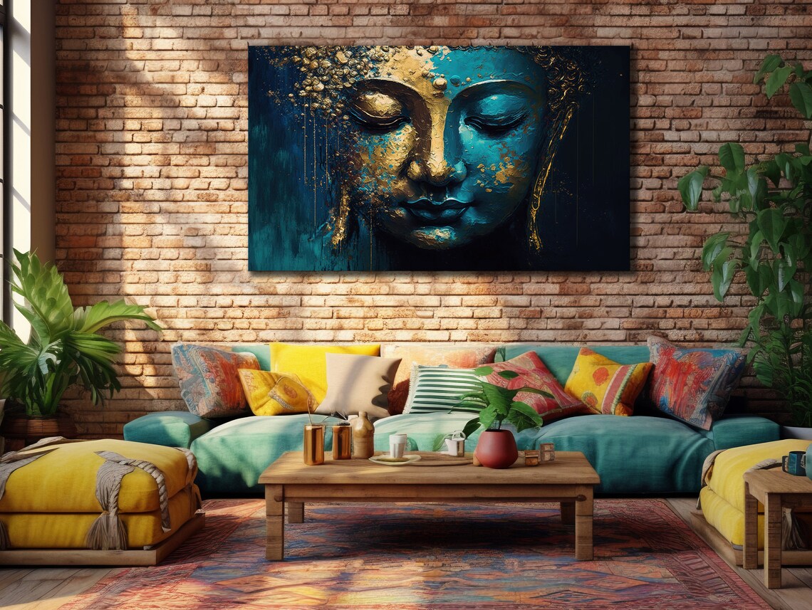 Teal Blue Buddha Face Gold Spiritual Meditation Art Wall Poster - Image 2