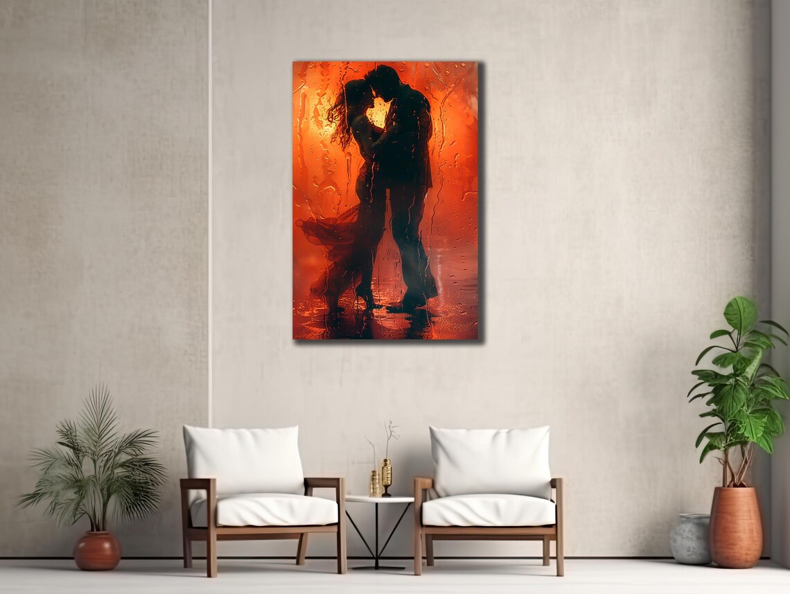 Romantic Couple Silhouette In Red Rain Embracing Love Painting Poster