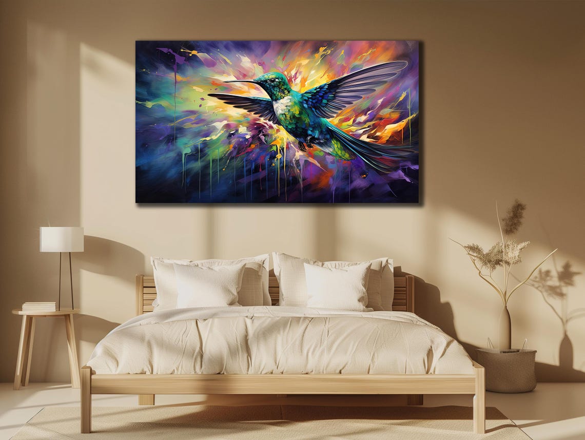 Colorful Hummingbird Flight Paint Splash Abstract Bird Wall Art Poster