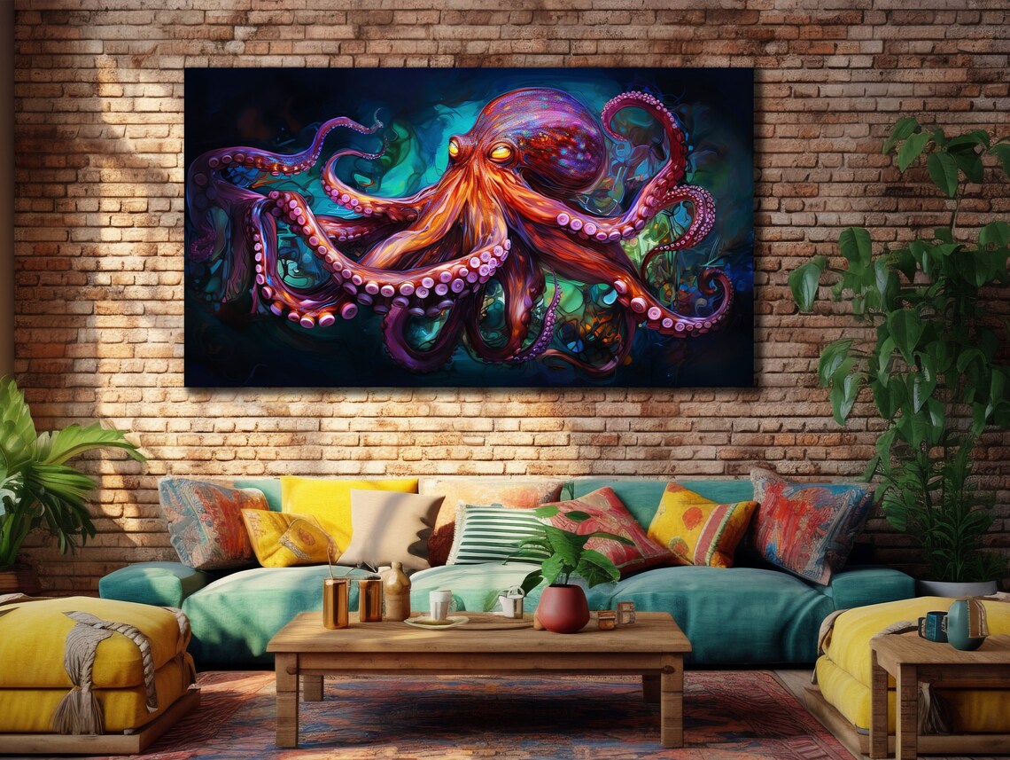 Colorful Octopus Oil Painting Art Print, Sea Life Decor