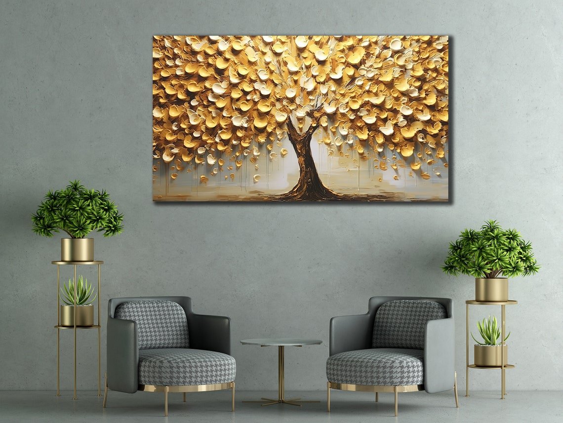 Golden Tree of Life Textured Gold Leaves Grey Background Art Poster - Image 2