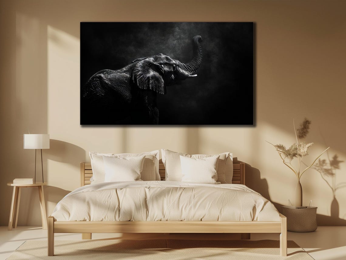 Black Elephant Trunk Up Dark Moody Dramatic Safari Wildlife Poster
