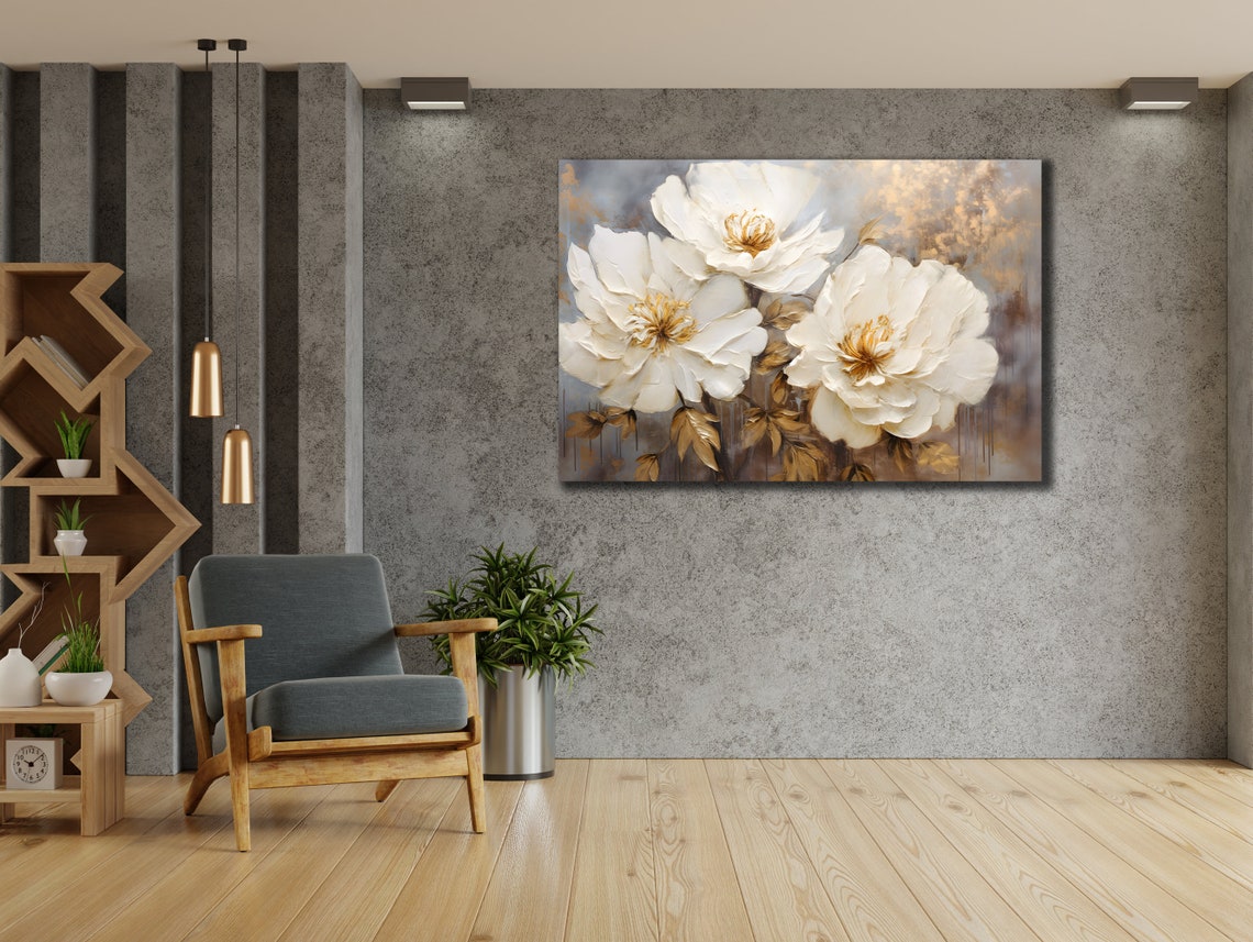 White Gold Flowers Soft Elegant Floral Painting Wall Decor Poster