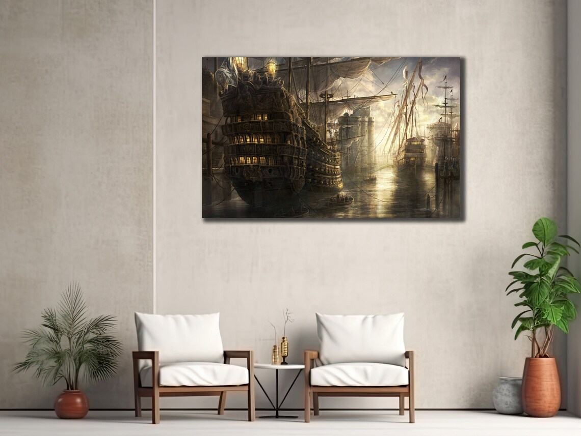 Tall Sailing Ship Golden Harbor Sunset Nautical Seascape Wall Art