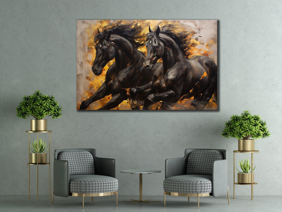 Two Black Horses Galloping Through Fiery Golden Sunset Abstract Poster - Image 2
