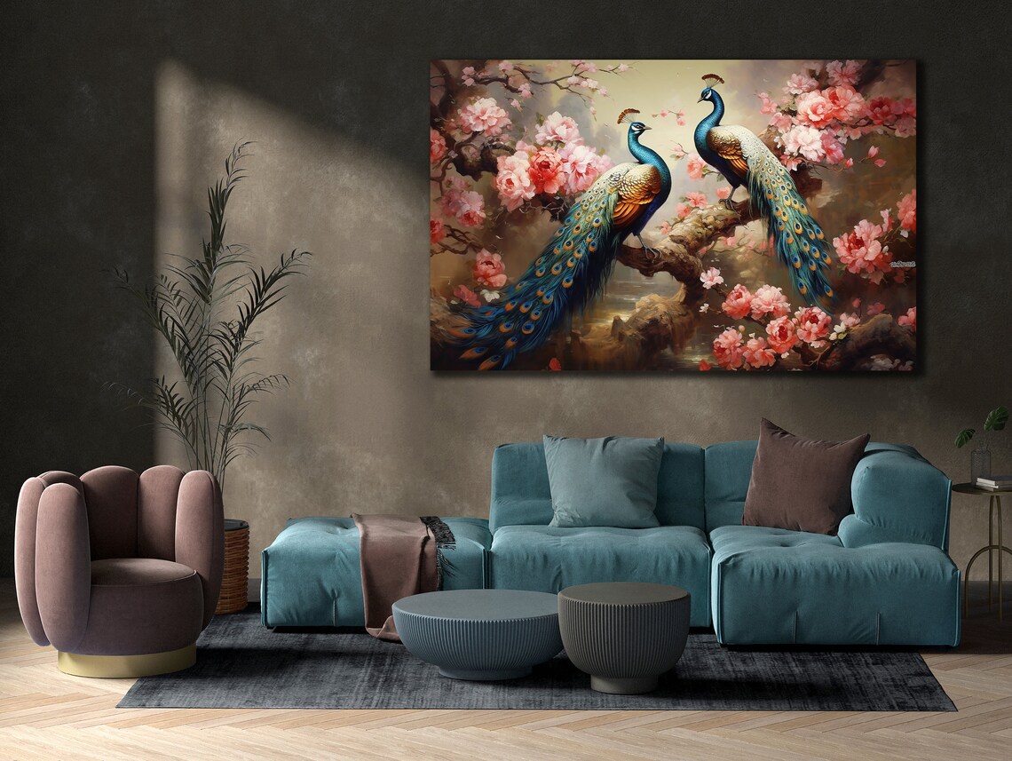 Two Peacocks on Flowering Branch Pink Blossom Bird Art Poster - Image 3