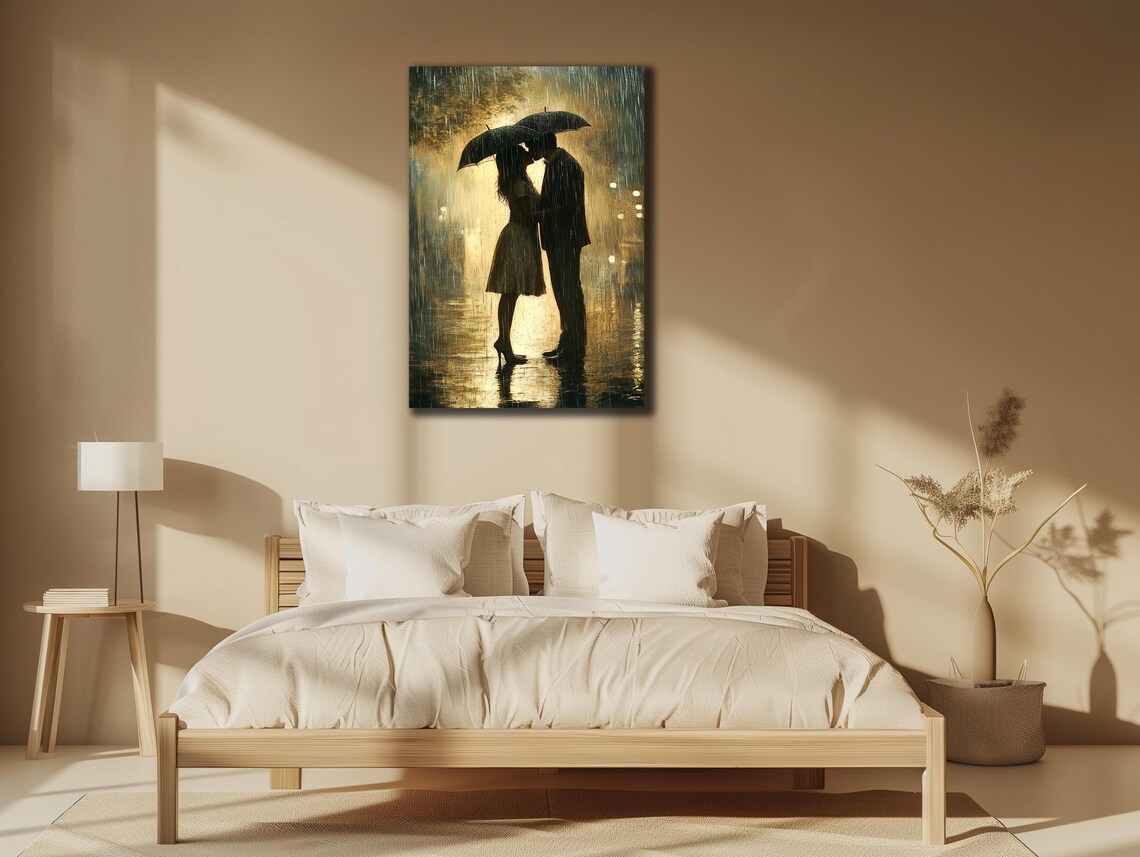 Romantic Couple Kissing Under Umbrella Rainy Golden Night Poster
