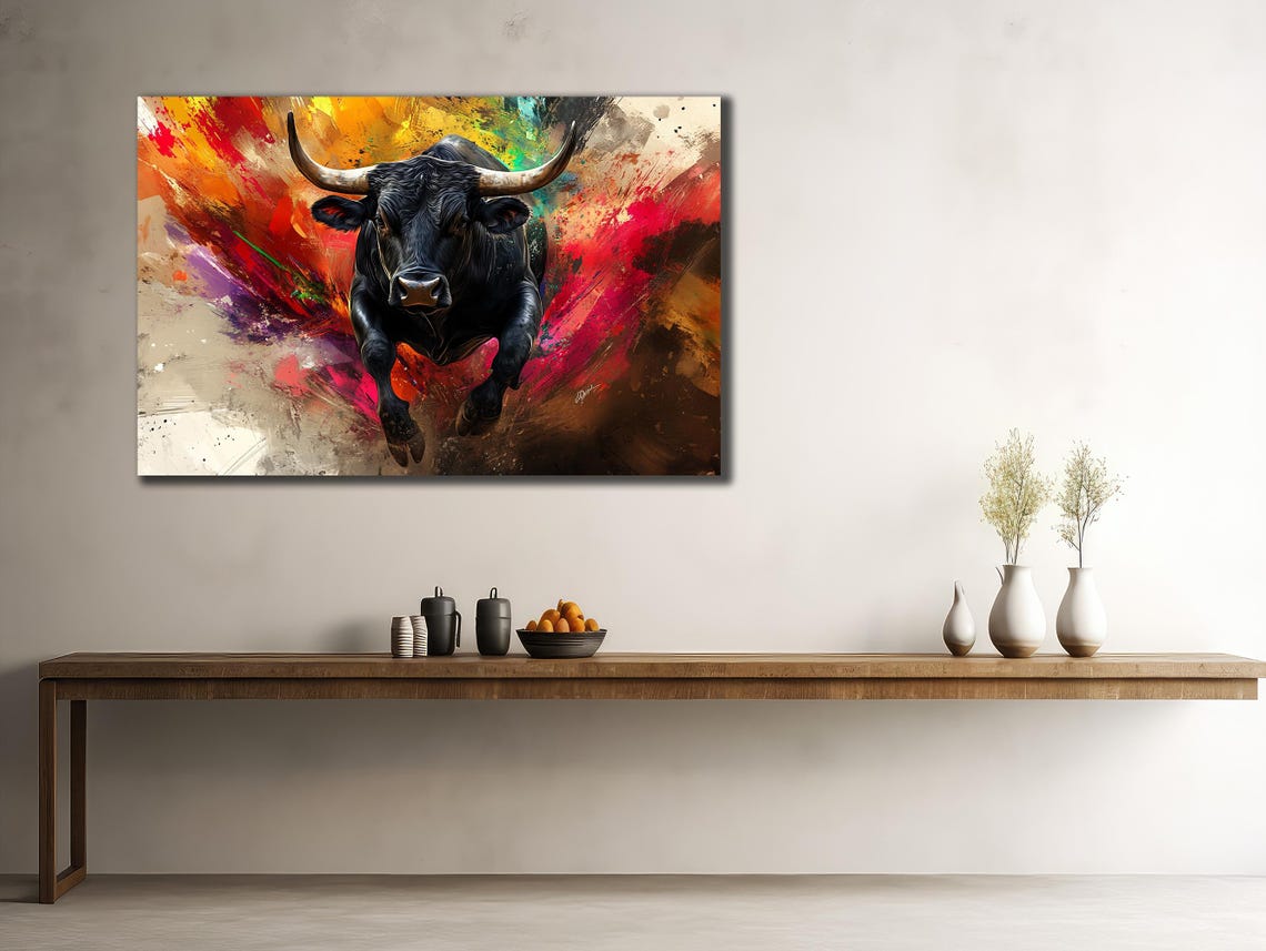 Charging Black Bull Watercolor Splash Background Powerful Art Poster - Image 2