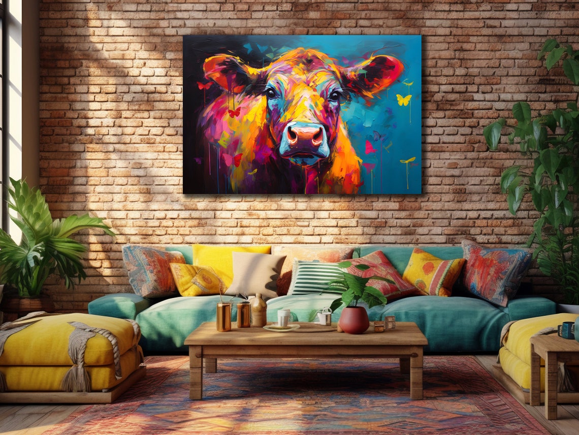 Colorful Pop Art Cow Face Rainbow Teal Background Fun Wall Art Poster