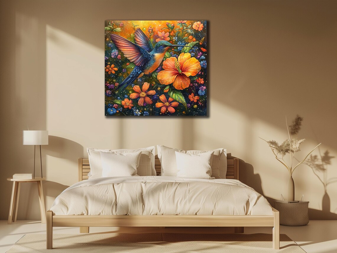 Blue Hummingbird With Orange Hibiscus Flowers Tropical Garden Print