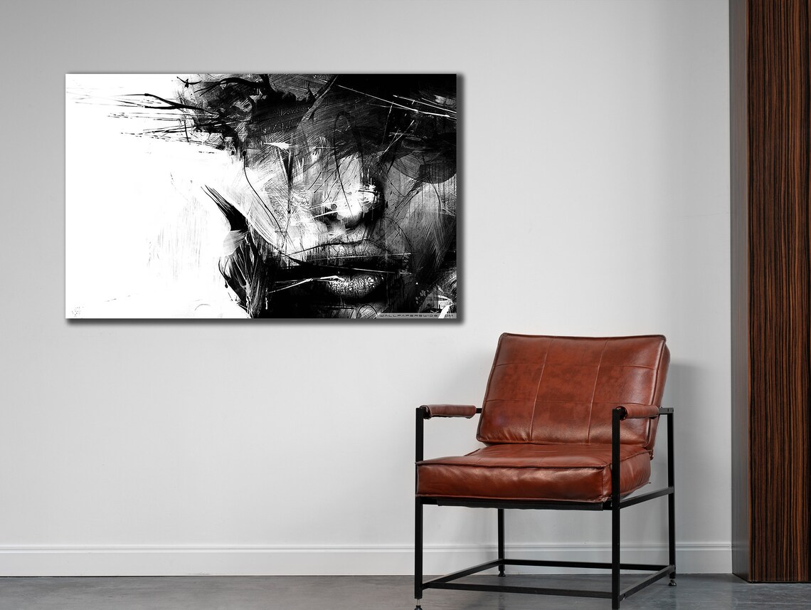 Abstract Black White Woman Face Ink Sketch Minimalist Wall Art Print - Image 3