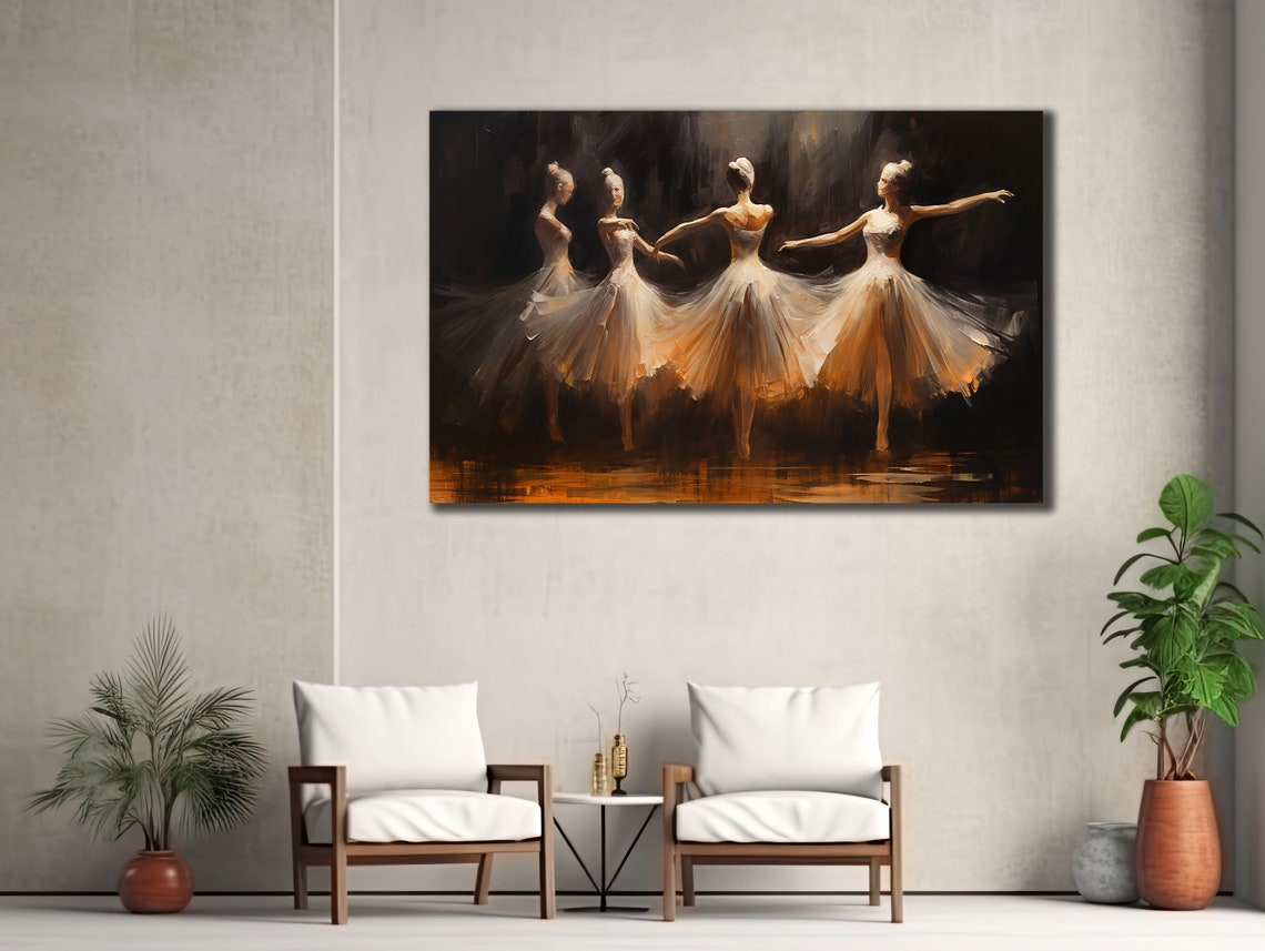 Four Ballerinas Dancing Stage Dark Golden Ballet Wall Art Poster - Image 2