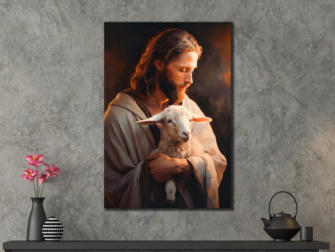 Jesus Holding White Lamb Warm Light Tender Christian Wall Art Poster - Image 3
