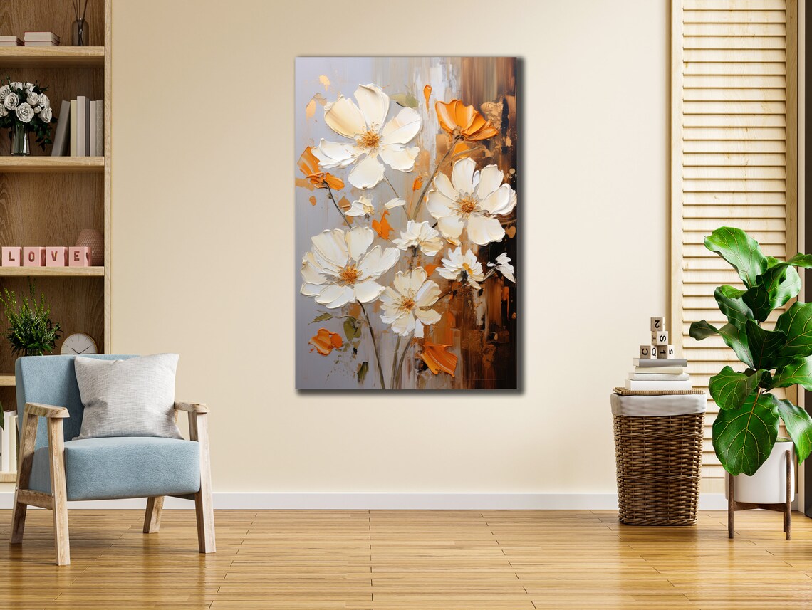 White Cosmos Flowers Orange Accents Impasto Floral Wall Art Print - Image 3