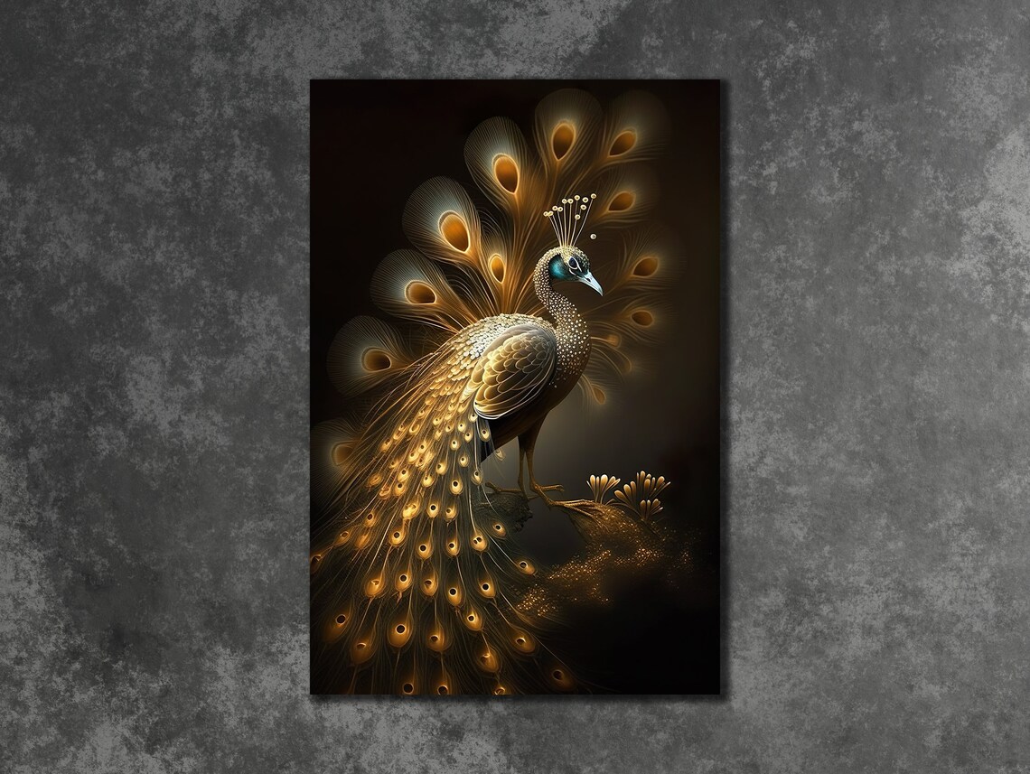 Golden Peacock Full Fanned Tail Elegant Dark Bird Wall Art Poster