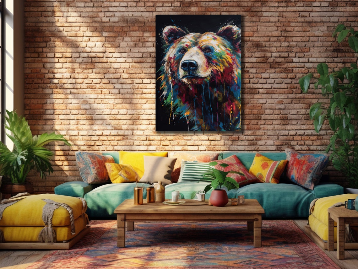 Bear Face Black Background Rainbow Drip Wildlife Wall Art Print - Image 3