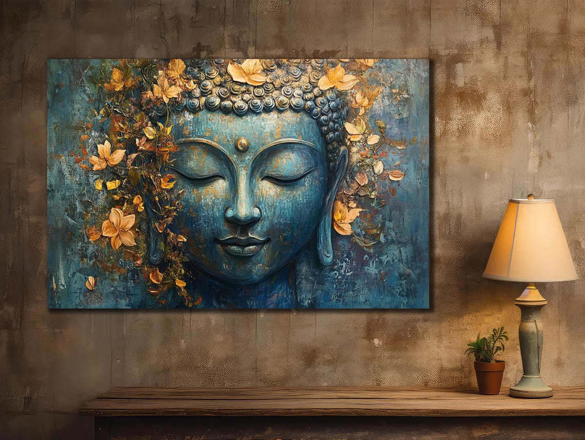 Buddha Face Golden Bloom Flowers Teal Blue Meditation Art Poster - Image 2