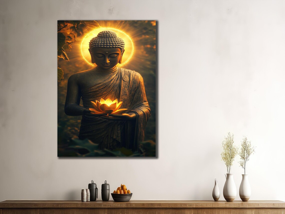 Buddha Statue Golden Halo Holding Glowing Lotus Spiritual Wall Poster - Image 3
