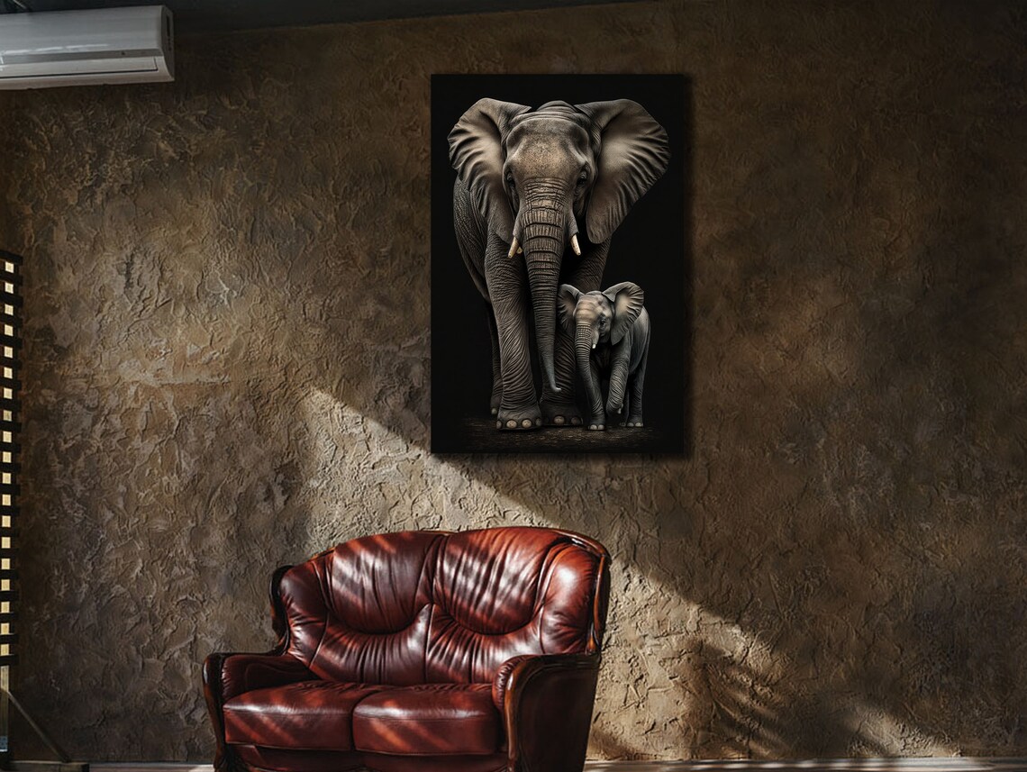 Mother Elephant And Calf On Black Photorealistic Wildlife Art Print - Image 2