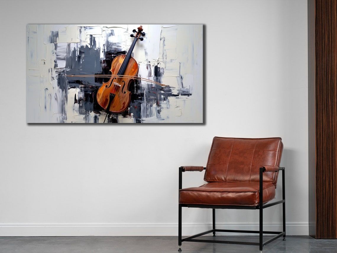 Violin Floating Over Abstract Black White Cityscape Music Art Poster - Image 3