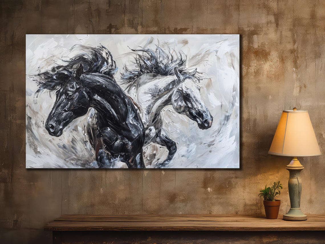 Black White Horses Running Side by Side Monochrome Equestrian Print - Image 2