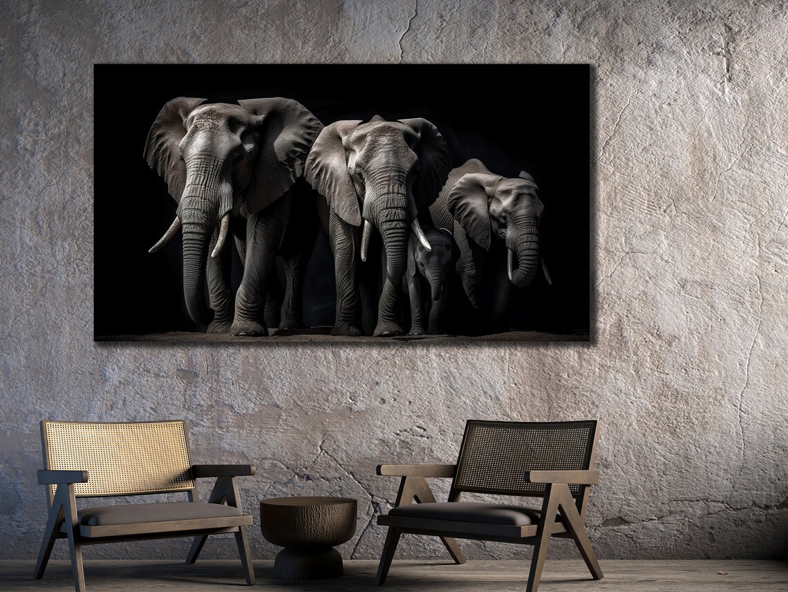 African Elephant Herd Black Background Dramatic Wildlife Wall Art Poster - Image 3