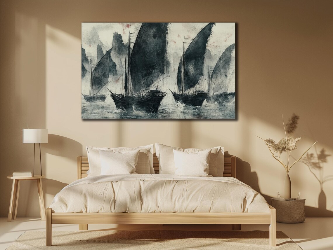 Black Sail Ships Misty Sea Ink Wash Vintage Asian Nautical Wall Poster - Image 3