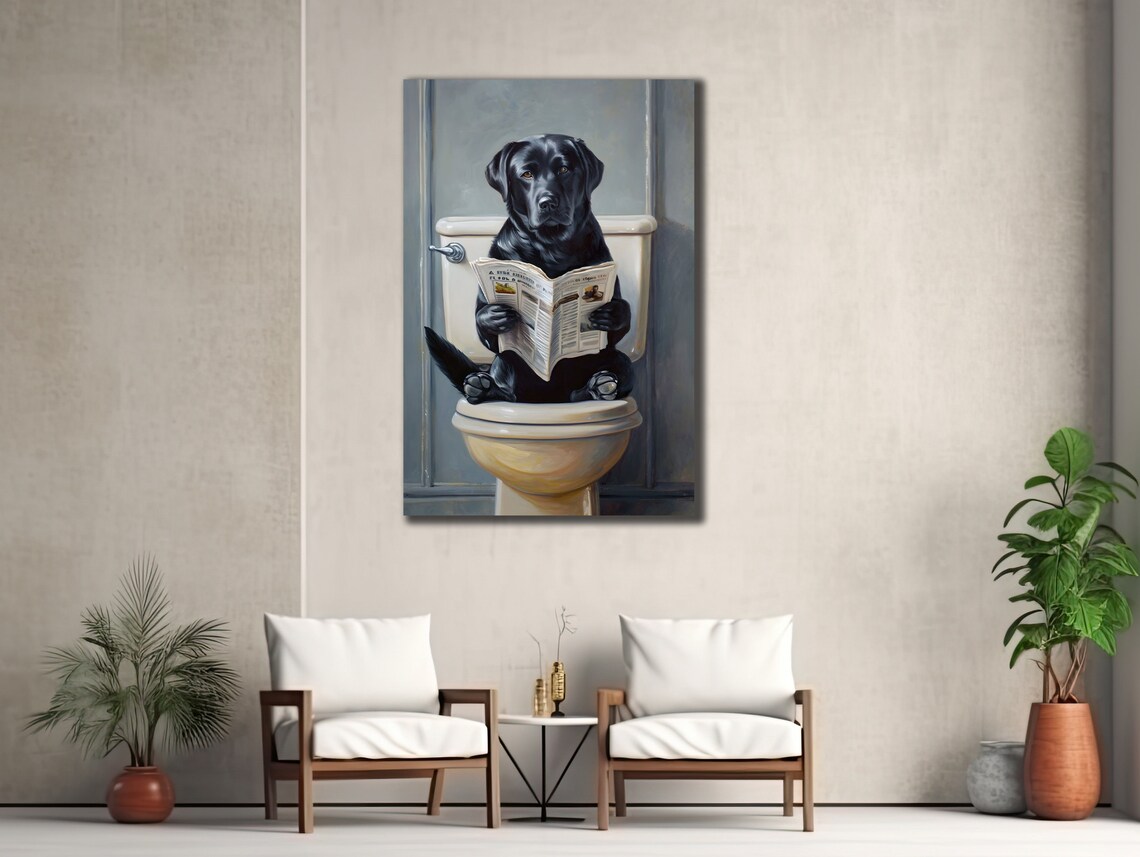 Funny Black Dog Reading Newspaper Sitting on Toilet Bathroom Print - Image 3