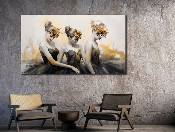 Three Ballerinas Gold Floral Painting Dreamy Ballet Dancers Elegant Wall Poster