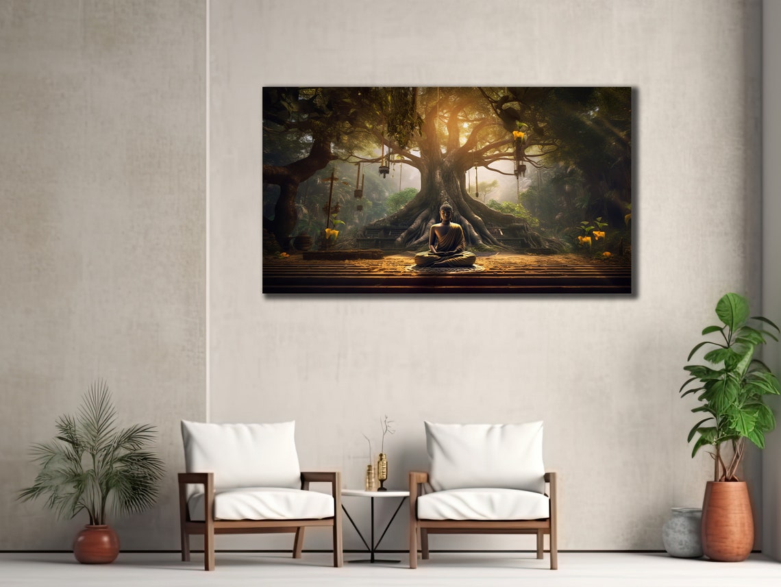 Buddha Meditating Under Sacred Tree Golden Light Zen Wall Art Poster
