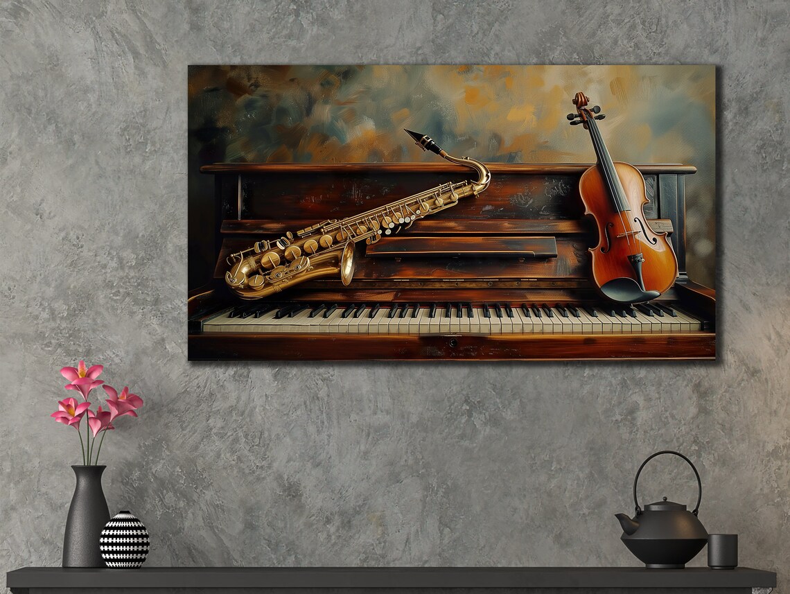 Vintage Piano With Saxophone Violin Jazz Music Room Wall Art Poster - Image 3