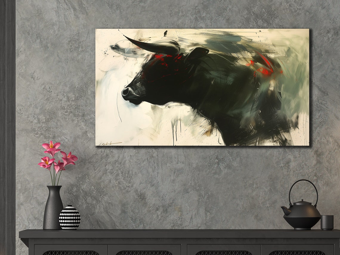 Black Bull Portrait Red Accent Brushstrokes Modern Farmhouse Wall Art - Image 3