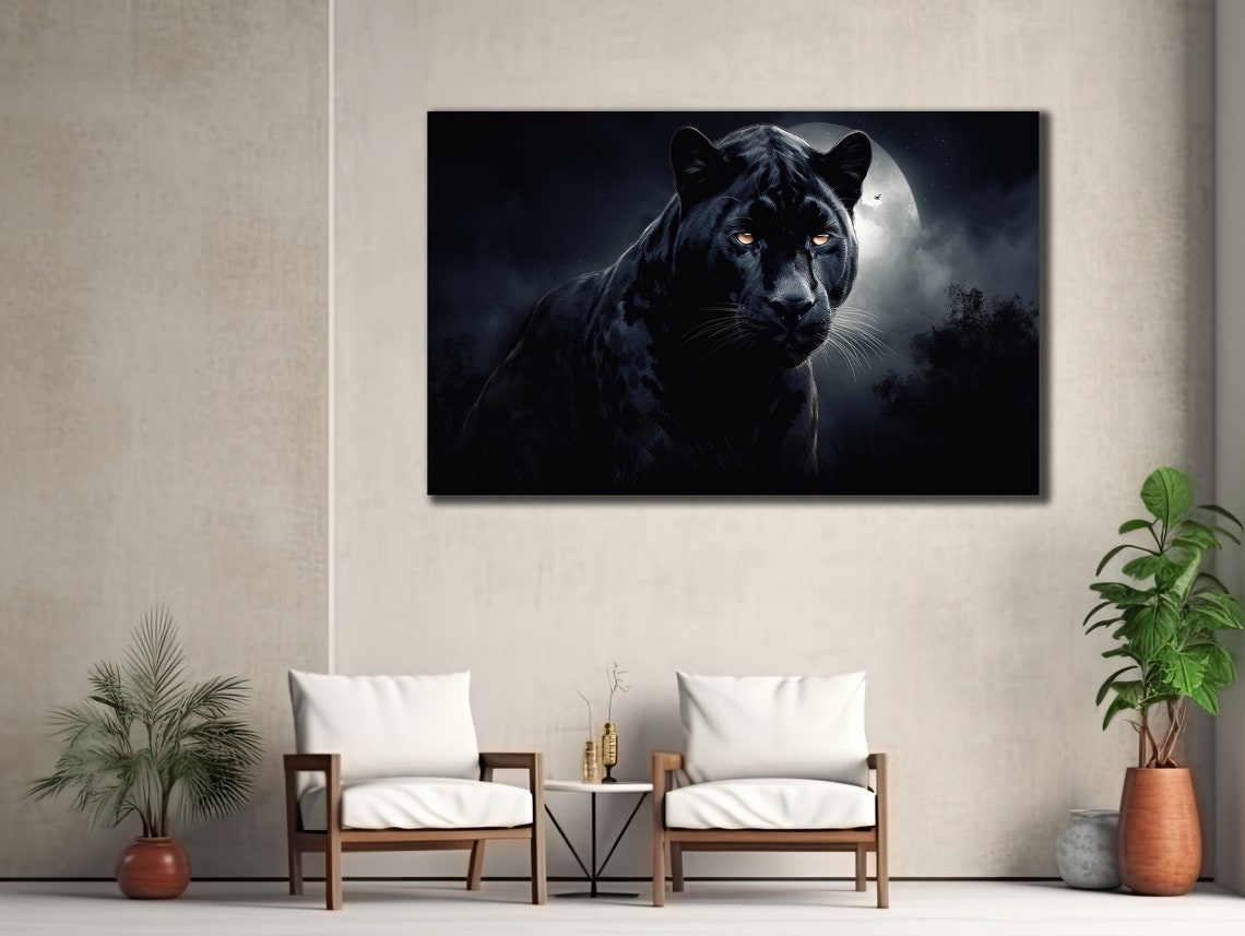 Black Panther with Glowing Eyes under Full Moon Night Poster - Image 3