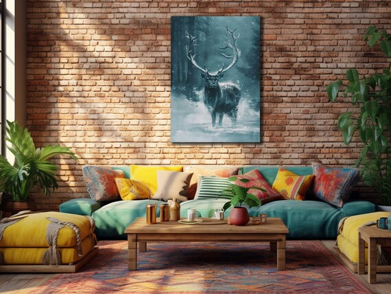 Majestic Stag Misty Blue Forest Winter Wildlife Wall Art Print