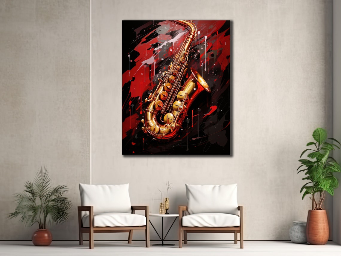 Golden Saxophone Red Black Abstract Splash Jazz Music Wall Poster